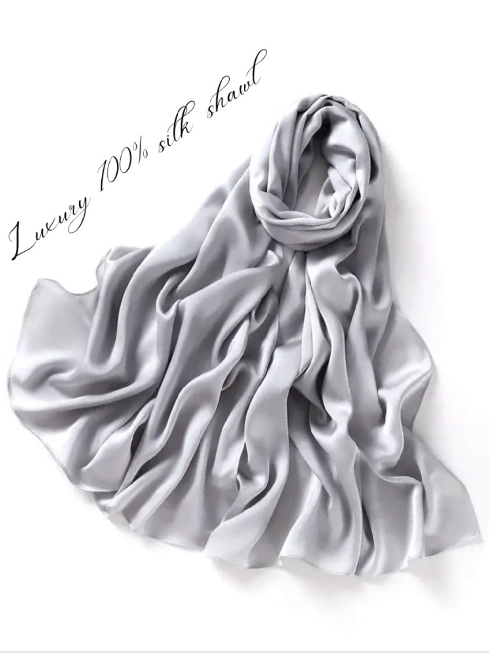 100% SILK SATIN Silver Grey Large Shawl Scarf Wedding Cover Up Lux Evening Wrap